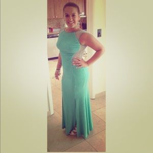 Green polyester to the floor dress.